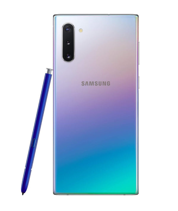 Samsung Galaxy Note 10 in stunning Aura Glow finish, featuring a 6.3-inch display, triple rear cameras, and S Pen for productivity and creativity on the go.