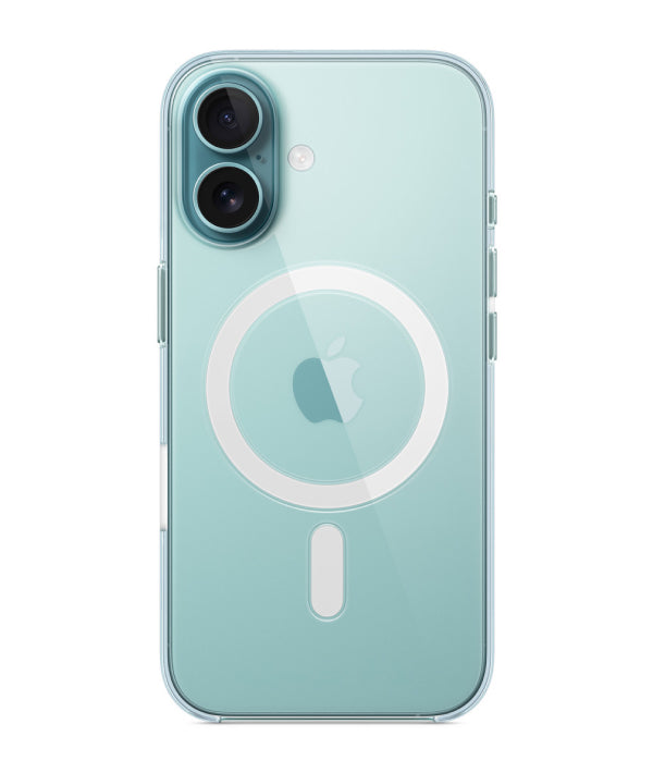 iPhone 16 in a clear MagSafe case, featuring a sleek design that highlights its original color and finish. The case offers durable protection against scratches and drops, while built-in magnets ensure compatibility with MagSafe accessories for effortless attachment and convenience.