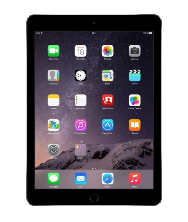 Apple iPad Air 2 in Space Gray, featuring a slim profile and a 9.7-inch Retina display. The tablet showcases its lightweight design and is equipped with an A5 chip, positioned on a modern desk with accessories