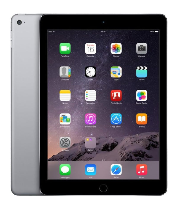 Apple iPad Air 2 in Space Gray, featuring a slim profile and a 9.7-inch Retina display. The tablet showcases its lightweight design and is equipped with an A5 chip, positioned on a modern desk with accessories